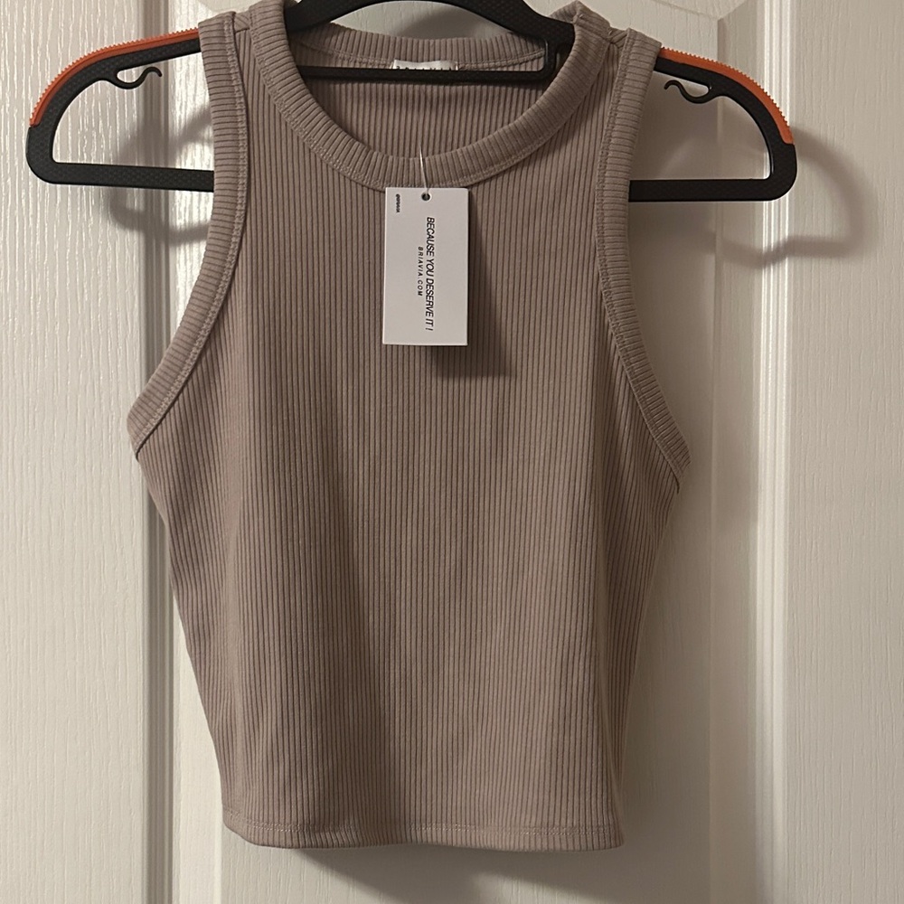 Stylish Ribbed Tank Top - Beige